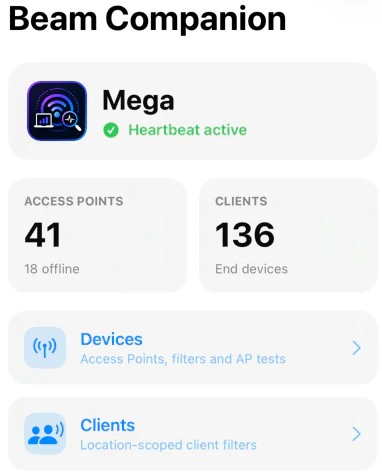 Beam Companion Home mit Access Points und Clients