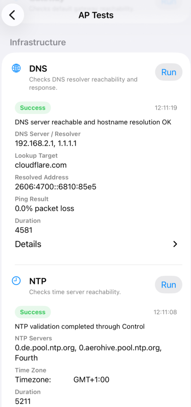 Beam Companion DNS und NTP Tests mit technischer Antwort