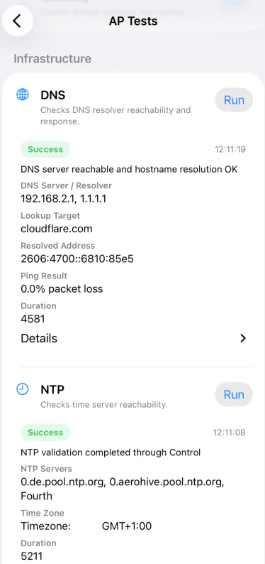 Beam Companion DNS und NTP Tests mit technischer Antwort