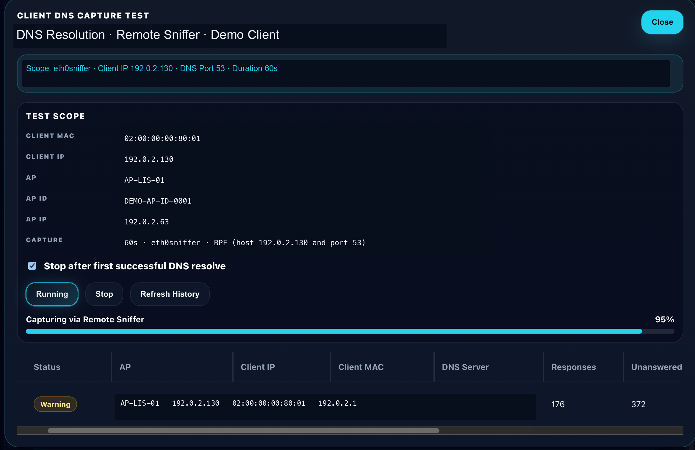 Client DNS Evidence über Remote Sniffer