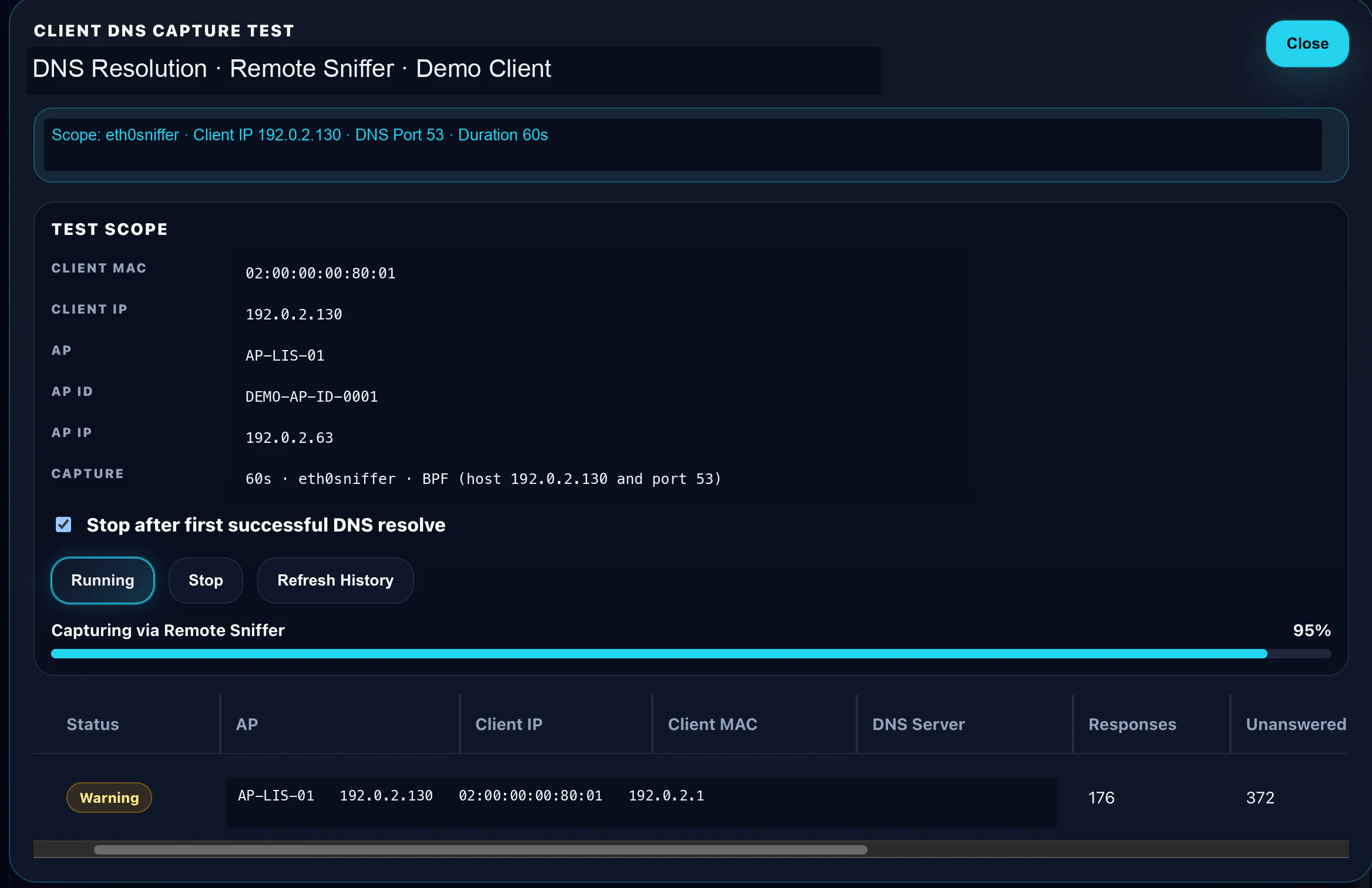 Client DNS Evidence über Remote Sniffer
