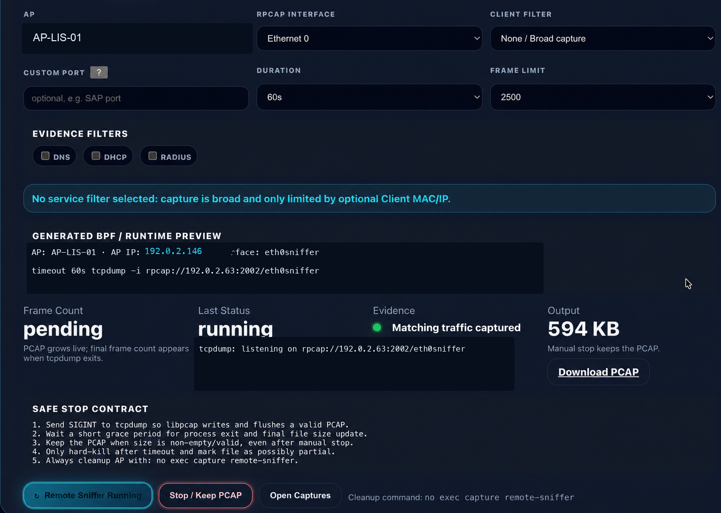 Remote Sniffer mit BPF Preview und PCAP Download