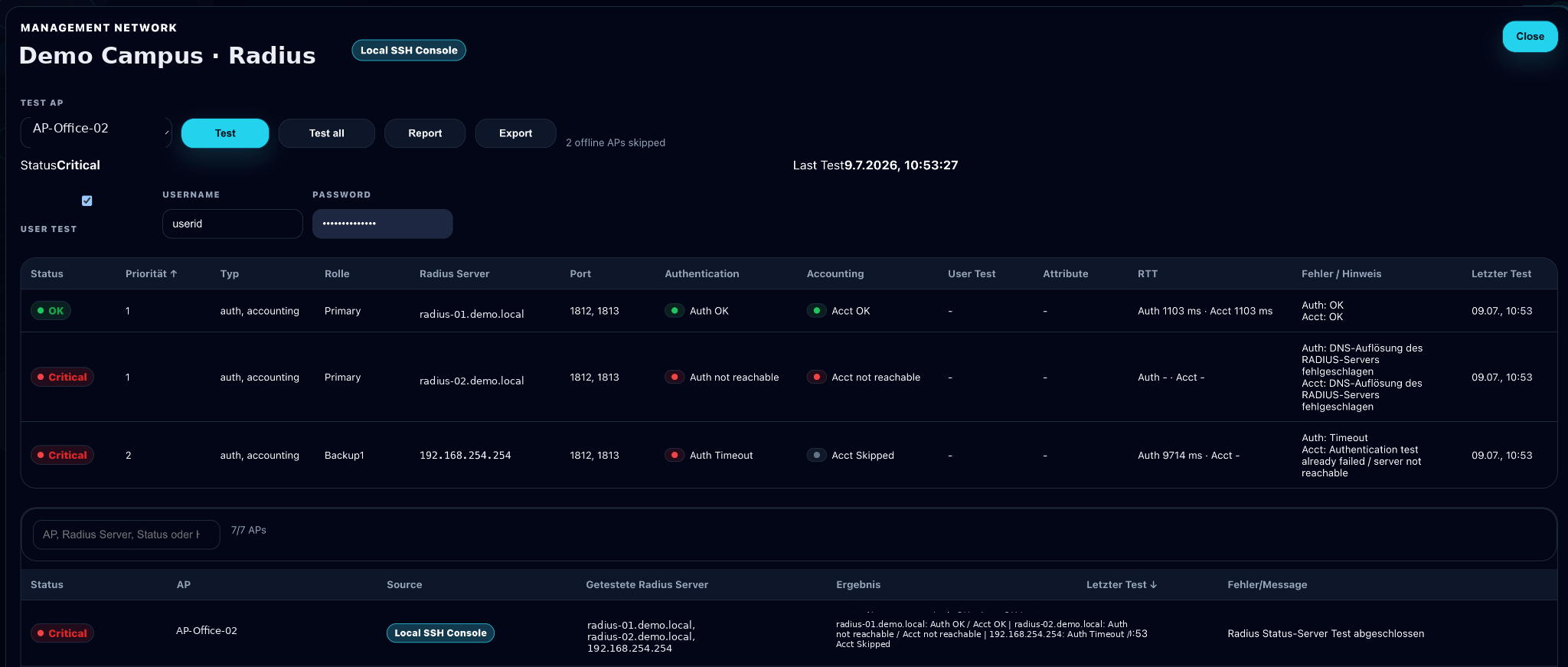 RADIUS Evidence mit Authentication, Accounting und RTT