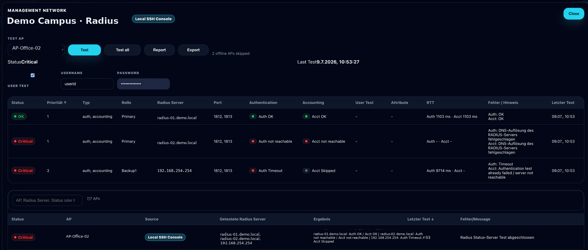 RADIUS Evidence mit Authentication, Accounting und RTT