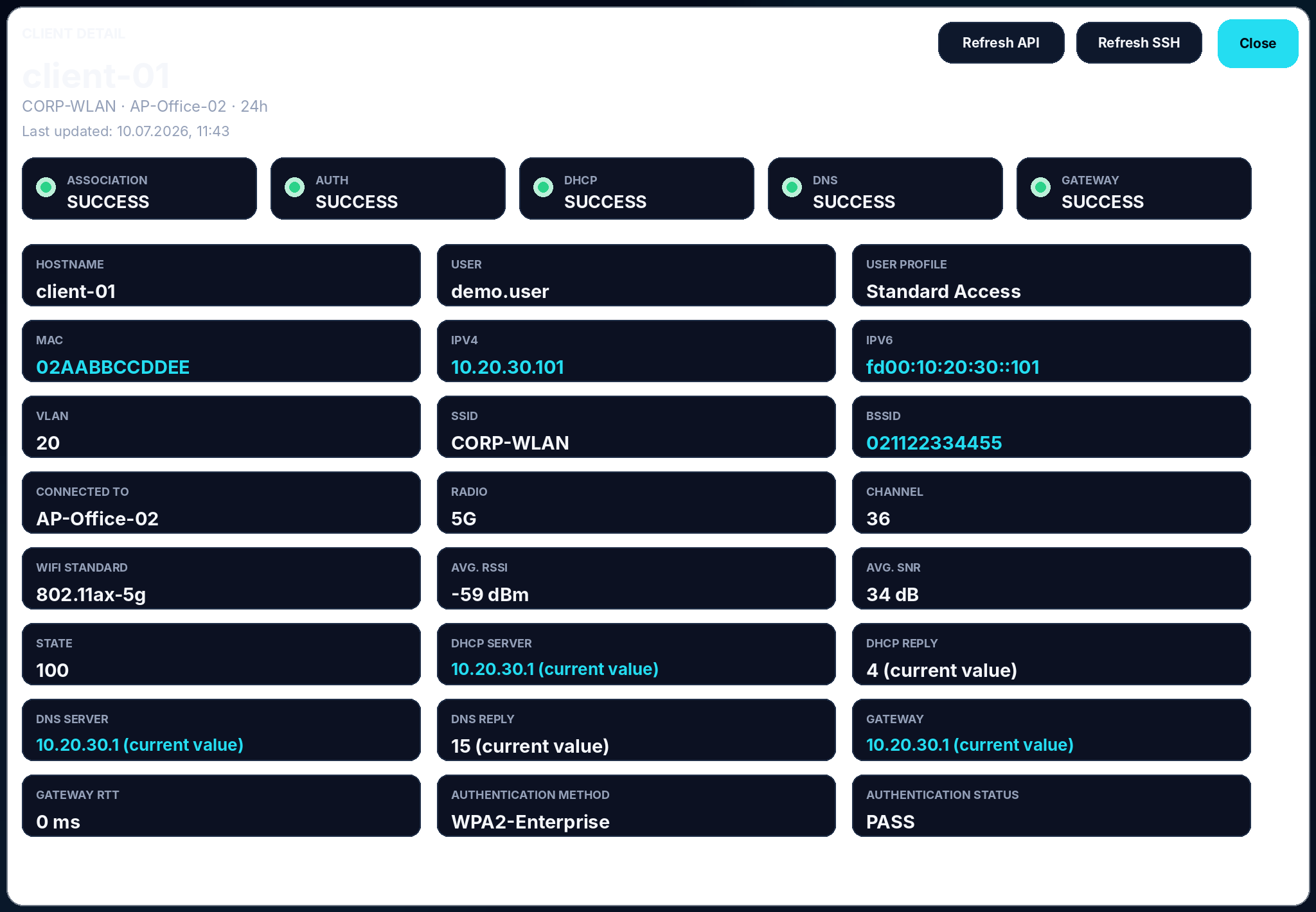 Client Detail mit Association, DHCP, DNS, Gateway und VLAN