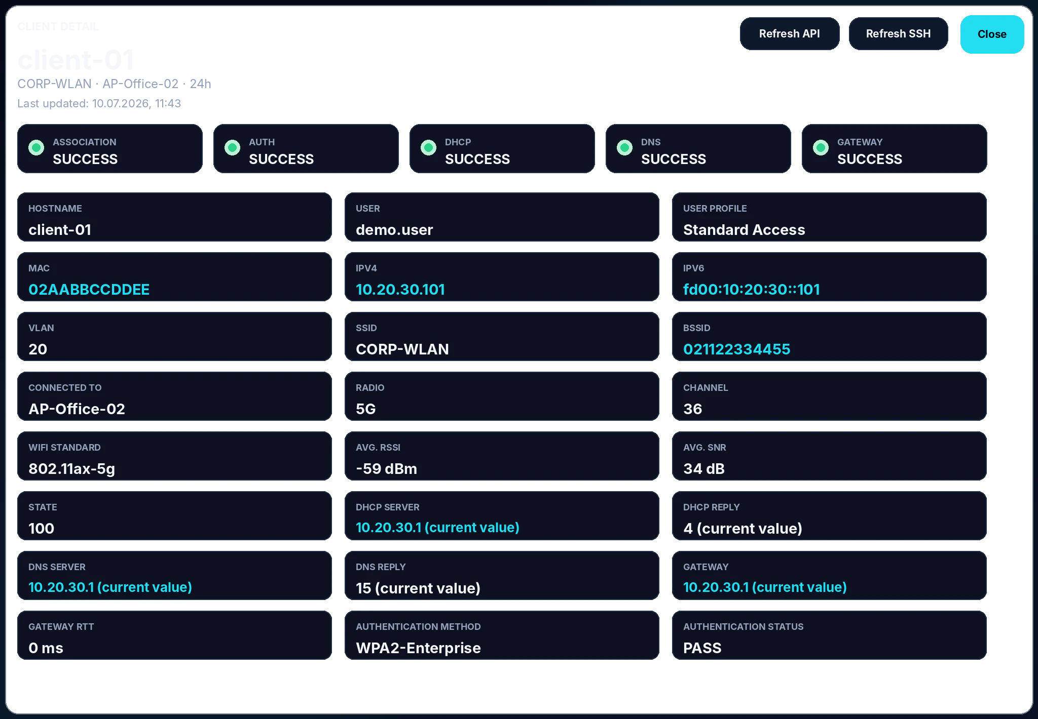 Client Detail mit Association, DHCP, DNS, Gateway und VLAN