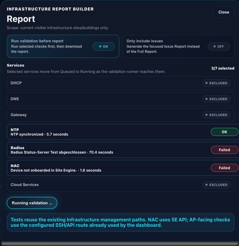 Control Report Builder mit Service-Auswahl und Validierung