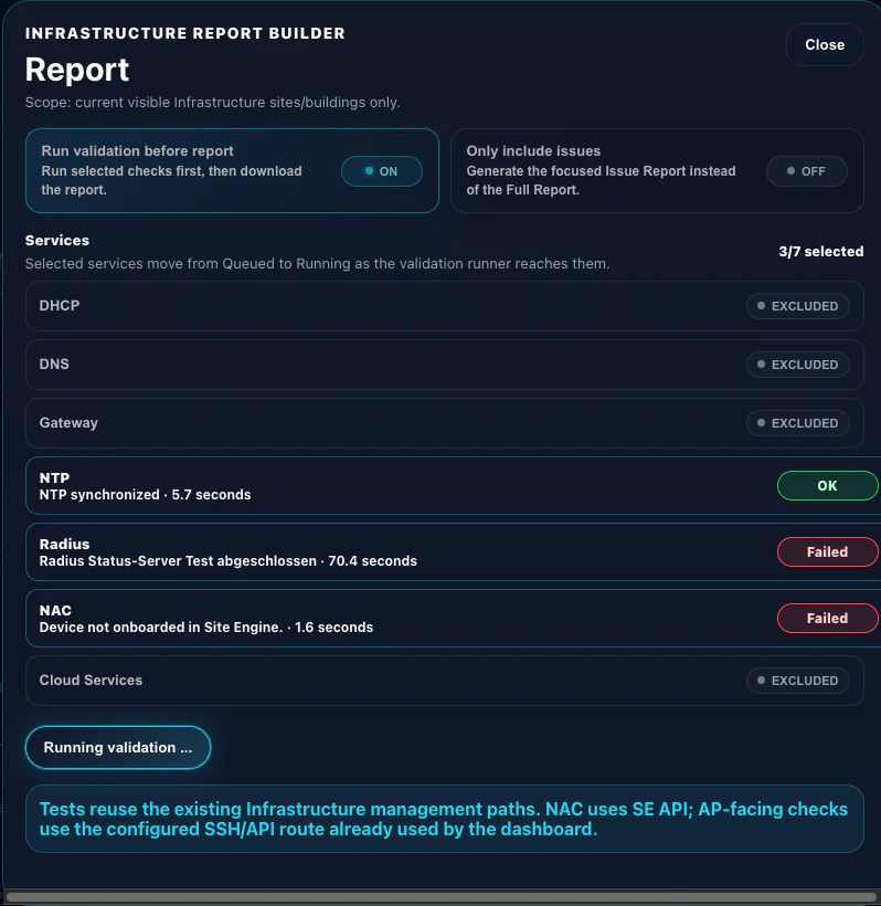 Control Report Builder mit Service-Auswahl und Validierung