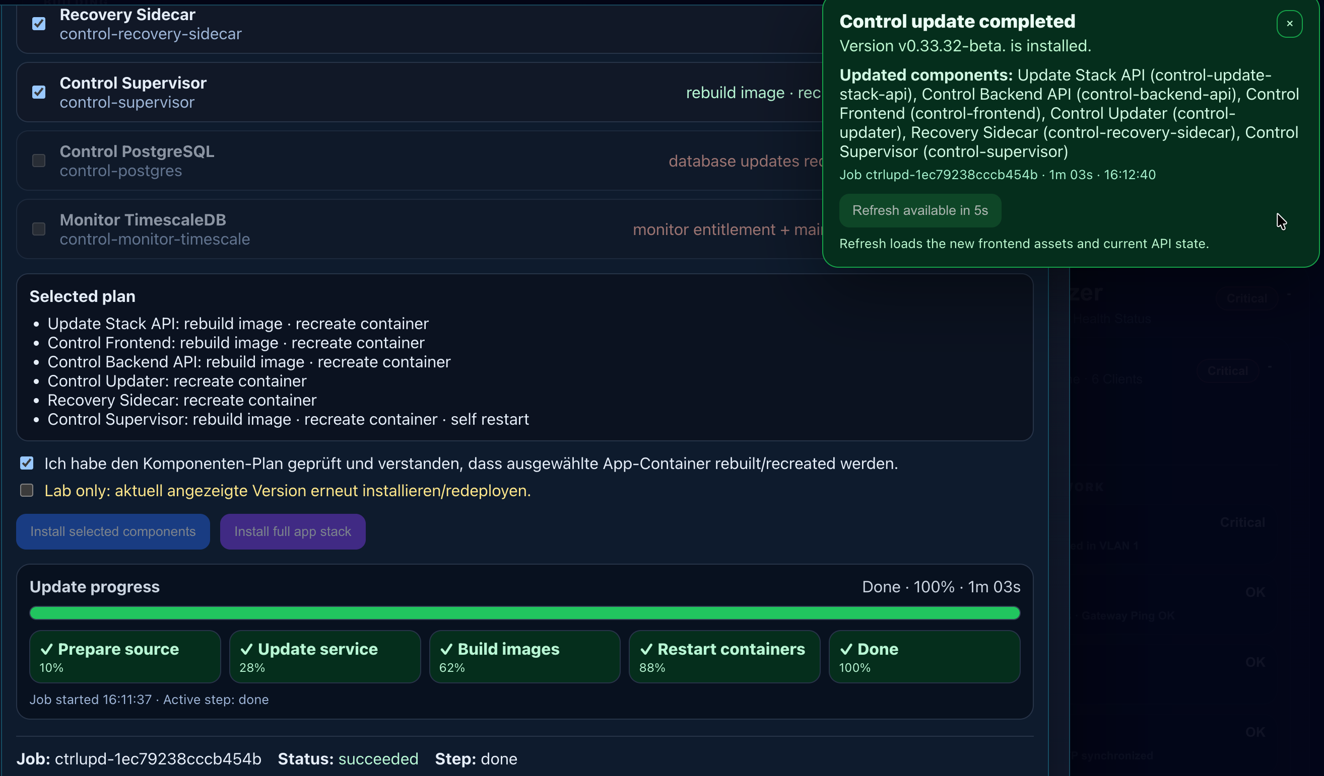 Control Update mit Komponentenplan, Fortschritt und Abschluss