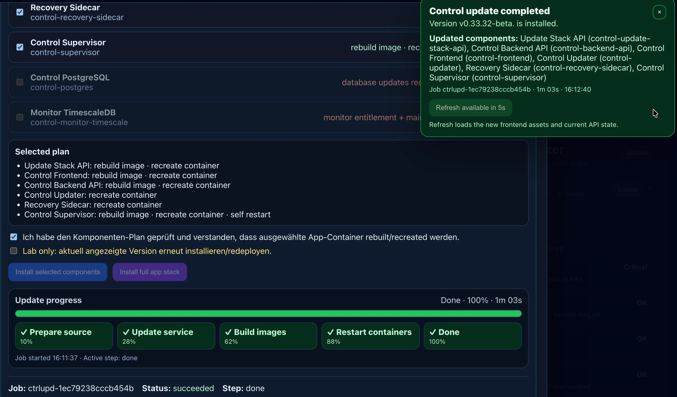 Control Update mit Komponentenplan, Fortschritt und Abschluss